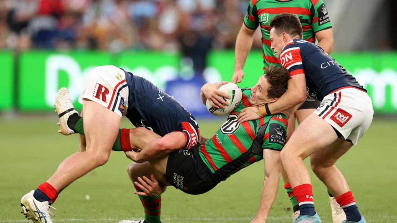 SYDNEY, AUSTRALIA - SEPTEMBER 11: Cameron Murray of the Rabbitohs is tackled during the NRL Elimination Final match between the Sydney Roosters and the South Sydney Rabbitohs at Allianz Stadium on September 11, 2022 in Sydney, Australia. (Photo by Mark Kolbe/Getty Images)