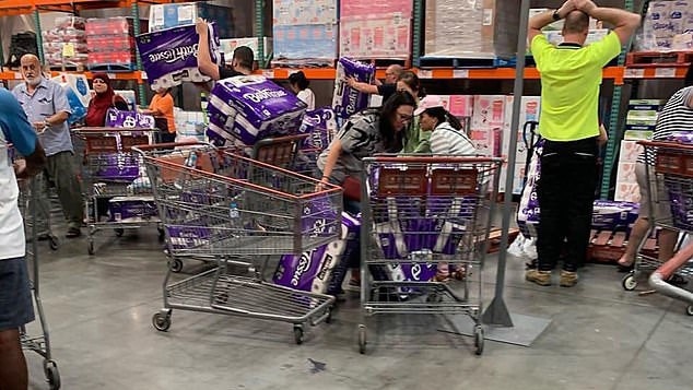 Bum’s rush: Costco shoppers prepare for the viral apocalypse with 48-pack rolls of toilet paper. Picture: Facebook