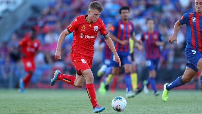 SA-born midfielder Riley McGree grabbed a matchwinning brace for Adelaide United against Newcastle Jets. Picture: Tony Feder/Getty Images