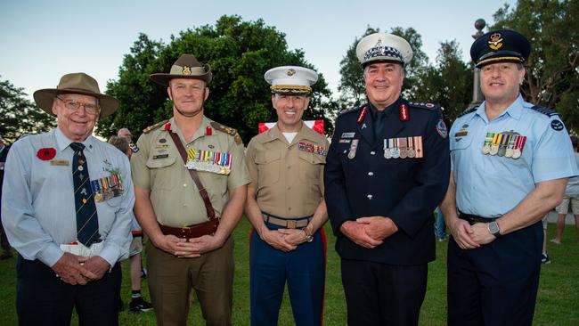 Jack Hamilton, Dough Pashley, Brian Mulvihil, Michael Murphy and Jim Collisson as Territorians gather in Darwin City to reflect on Anzac Day. Picture: Pema Tamang Pakhrin