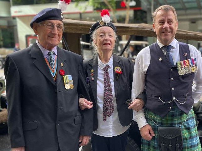 British Ex Services Association veterans Edward Pitt, Brenda Stephens, and DJ Vaughan joined the parade through Brisbane City. Picture: Felicity Ripper