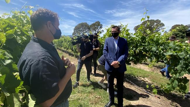 Premier Daniel Andrews arrives at Dal Zotto Wines in the King Valley for Wednesday’s press conference.