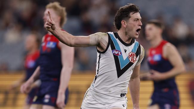 MELBOURNE, AUSTRALIA - AUGUST 10:  Zak Butters of the Power celebrates a goal during the round 22 AFL match between Melbourne Demons and Port Adelaide Power at Melbourne Cricket Ground, on August 10, 2024, in Melbourne, Australia. (Photo by Darrian Traynor/AFL Photos/via Getty Images)