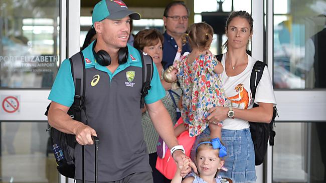 David Warner and wife Candice arrive in Port Elizabeth with their two daughters.