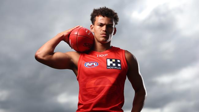 GOLD COAST, AUSTRALIA - OCTOBER 30: Gold Coast Suns AFL draft prospect Leo Lombard poses during a portrait session at  Burleigh Bombers AFC on October 30, 2024 in Gold Coast, Australia. (Photo by Chris Hyde/Getty Images)