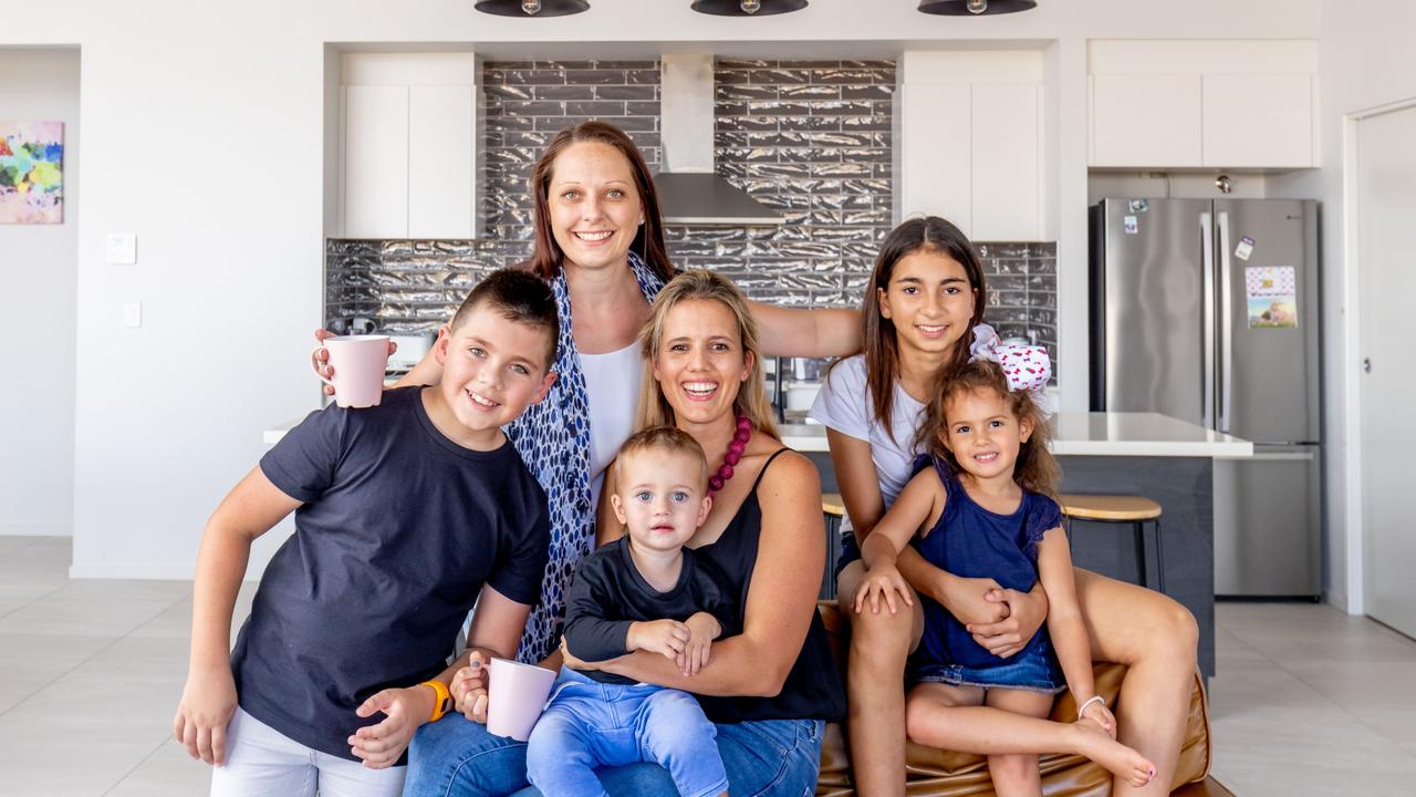 Amy Garay and kids Lily, 13, and Joshua, 10, with best friend and neighbour Christy Gyori and kids Rylee, 3, and Blake, 1 in Greenbank south of Brisbane. Picture by Luke Marsden.