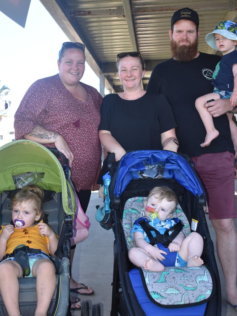 Laynee and Marlee, 2, Emmett (left) with Tegan, Jacob, 1, Watt and Health, 2, Gibson, at Big Boys Toys Expo at Mackay Showgrounds 2021.