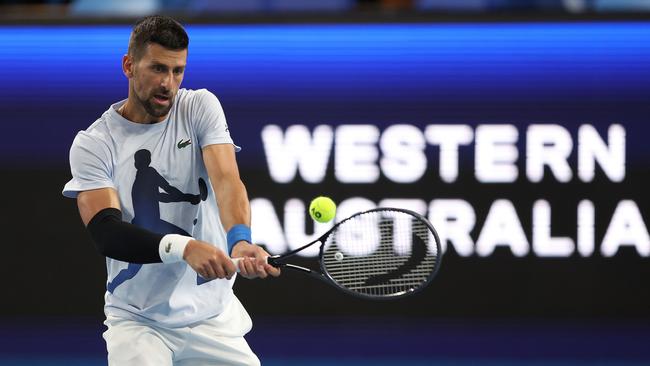 PERTH, AUSTRALIA - DECEMBER 28: Novak Djokovic of Team Serbia practices ahead of the 2024 United Cup at RAC Arena on December 28, 2023 in Perth, Australia. (Photo by Paul Kane/Getty Images)