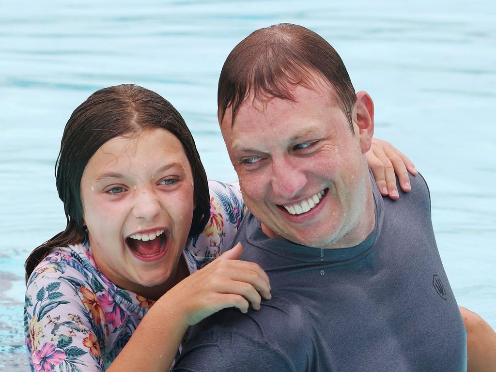 Steven Miles with his daughter Bridie, 9, at Cotton Tree Aquatic Centre in Maroochydore. Picture: Annette Dew