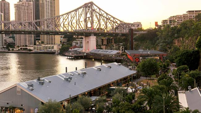 A view of Story Bridge from Howard Smith Wharves, a heritage-listed wharf built from 1939 to 1942 on a 3.5ha site. It has been redeveloped dining and entertainment precinct, opening in late 2018.