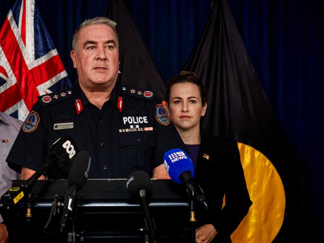 Leader of Government Business Steve Edgington, Police Commissioner Michael Murphy and Chief Minister Lia Finocchiaro outline the suite of legislation reform soon to be introduced to Parliament this week. Picture: Pema Tamang Pakhrin