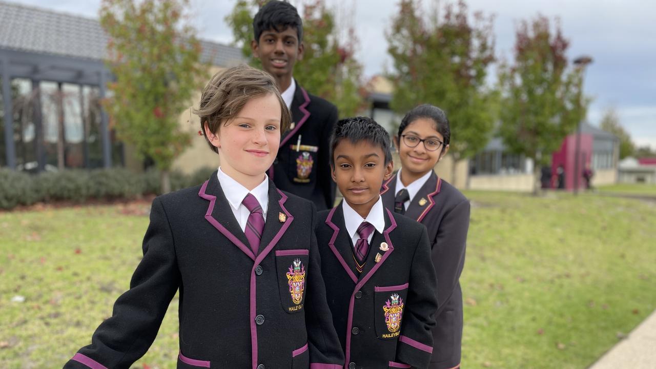 Haileybury College Berwick campus students (left to right) Seth Oliver, 10, Sanjar Asad, 10, Theekshitha Karthik, 11, and (rear) Clarence Antonmeryl, 13, all achieved perfect scores on their way to the National Final.