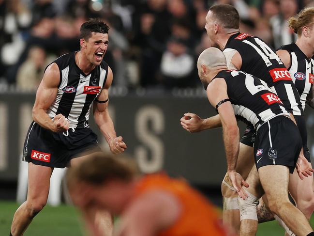 MELBOURNE, AUSTRALIA - September 22, 2023. AFL .   Scott Pendlebury of the Magpies celebrates after the 1st preliminary final between Collingwood and the Greater Western Sydney Giants at the MCG in Melbourne, Australia..   Photo by Michael Klein.