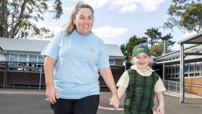 SYDNEY, AUSTRALIA, Daily Telegraph, Friday, 14 October 2022 Deanna Sherry area manager for Their Care walking with Anastasia Pateras 6 photographed at Engadine West Public School. Before and after school carers being set to get trained up into helping teachers with classroom and school playground duties across the state. NSW Picture: Daily Telegraph / Monique Harmer