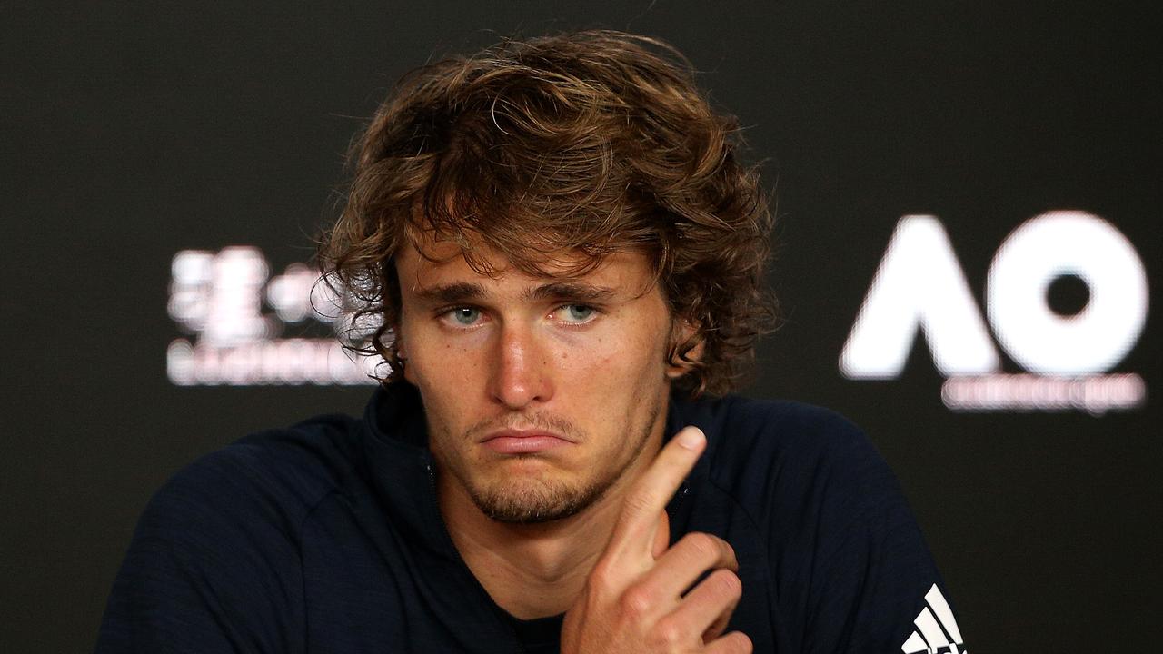 Alexander Zverev of Germany speaks to the media during a press conference after being defeated in the match against Milos Raonic of Canada on day eight of the Australian Open tennis tournament in Melbourne, Monday, January 21, 2019.  (AAP Image/Hamish Blair) NO ARCHIVING, EDITORIAL USE ONLY