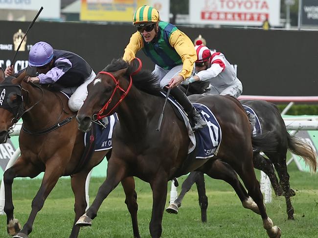 SYDNEY, AUSTRALIA - OCTOBER 19: Chad Schofield riding Ceolwulf wins Race 9 King Charles III Stakes during Sydney Racing - The Everest Day at Royal Randwick Racecourse on October 19, 2024 in Sydney, Australia. (Photo by Jeremy Ng/Getty Images)