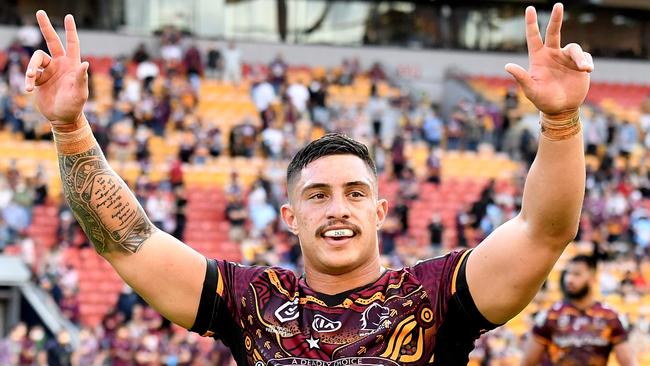 BRISBANE, AUSTRALIA - JULY 04: Kotoni Staggs of the Broncos celebrates victory after the round 16 NRL match between the Brisbane Broncos and the Cronulla Sharks at Suncorp Stadium, on July 04, 2021, in Brisbane, Australia. (Photo by Bradley Kanaris/Getty Images)