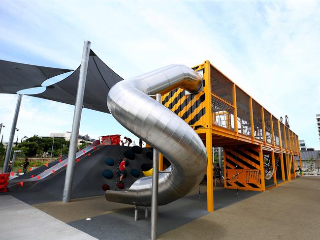 Parents say shade sails fail to cover the metal slides in the afternoon, making them blistering hot for children in the new Hercules Street Park in Hamilton. Photo: Adam Head.