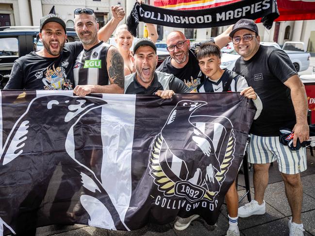 Fans congregate at the Sporting Globe in Richmond where Collingwood players attend Mad Monday celebrations. Picture: Jake Nowakowski