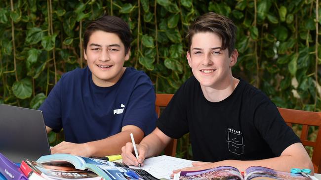 Daniel Rossi and Aaron Hicks, both 14, are unsure about when they will return to school. Picture: Josie Hayden