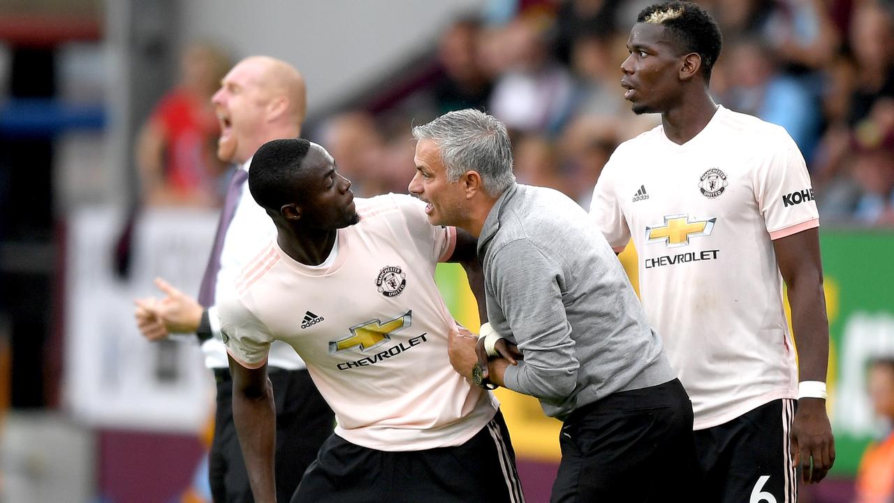 Jose Mourinho, Manager of Manchester United in discussion with Eric Bailly of Manchester United as he replaces Paul Pogba. Picture: Getty Images