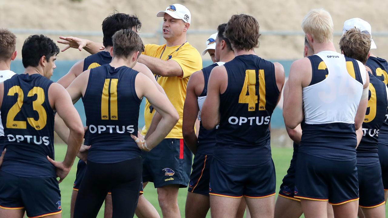 Matthew Nicks talks to the team at the end of a training session last season. Picture: Sarah Reed