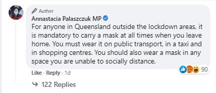 A comment on Facebook by Queensland Premier Annastacia Palaszczuk.