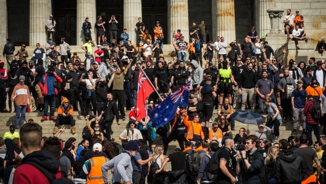 The incident happened during the Melbourne protests where demonstrators swarmed the CFMEU headquarters, the Shrine of Remembrance (pictured) and West Gate freeway. Picture: Darrian Traynor/Getty Images