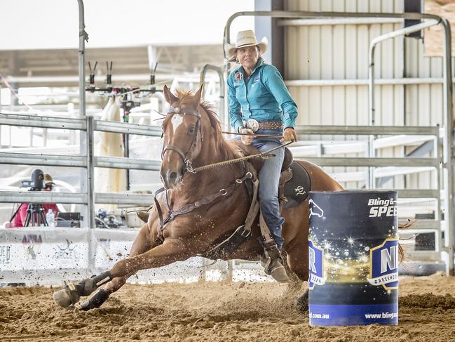 Champion cowgirl Leanne Caban aboard Akka Dakka during the APRA National Finals Rodeo at CQLX Gracemere. Photo: Purple Fairy Imagery - Cherie Reeves