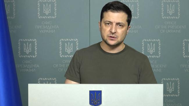 Ukrainian President Volodymyr Zelensky holding a briefing in Kyiv.