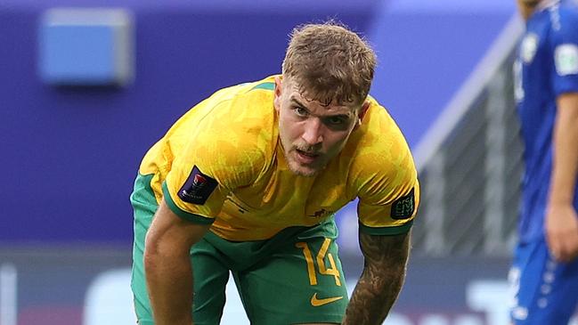 AL WAKRAH, QATAR - JANUARY 23: Riley McGree of Australia reacts after a missed chance during the AFC Asian Cup Group B match between Australia and Uzbekistan at Al Janoub Stadium on January 23, 2024 in Al Wakrah, Qatar. (Photo by Robert Cianflone/Getty Images)