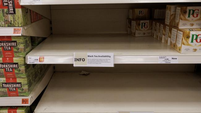 A note to customers in a Sainsbury's supermarket in London apologising for the availability issues of black tea. The disruption has been linked to attacks on vessels in the Red Sea by Houthi rebels, as well as supply and demand delays. Picture: Getty Images