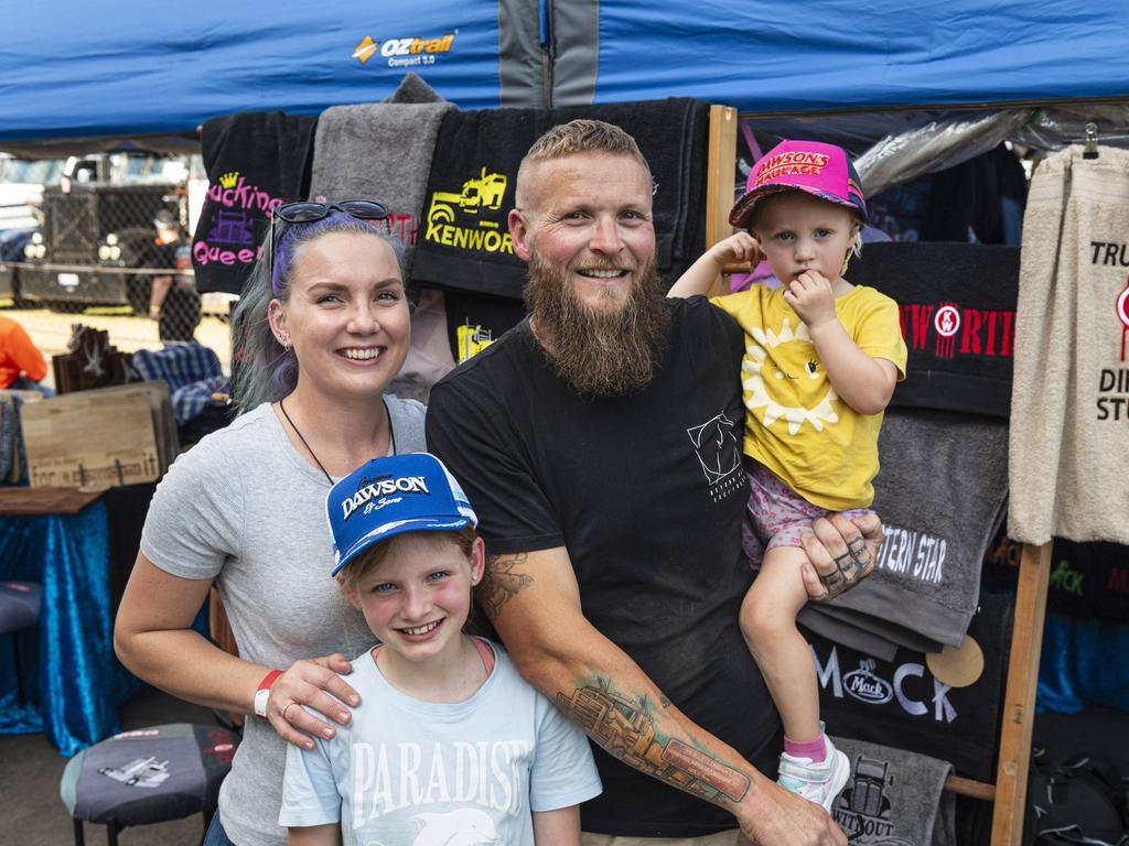 Krystal and Todd McMillan with their daughters Tori (front) and Millie at the Gatton Showgrounds for the 2024 Lights on the Hill Trucking Memorial, Saturday, October 5, 2024. Picture: Kevin Farmer