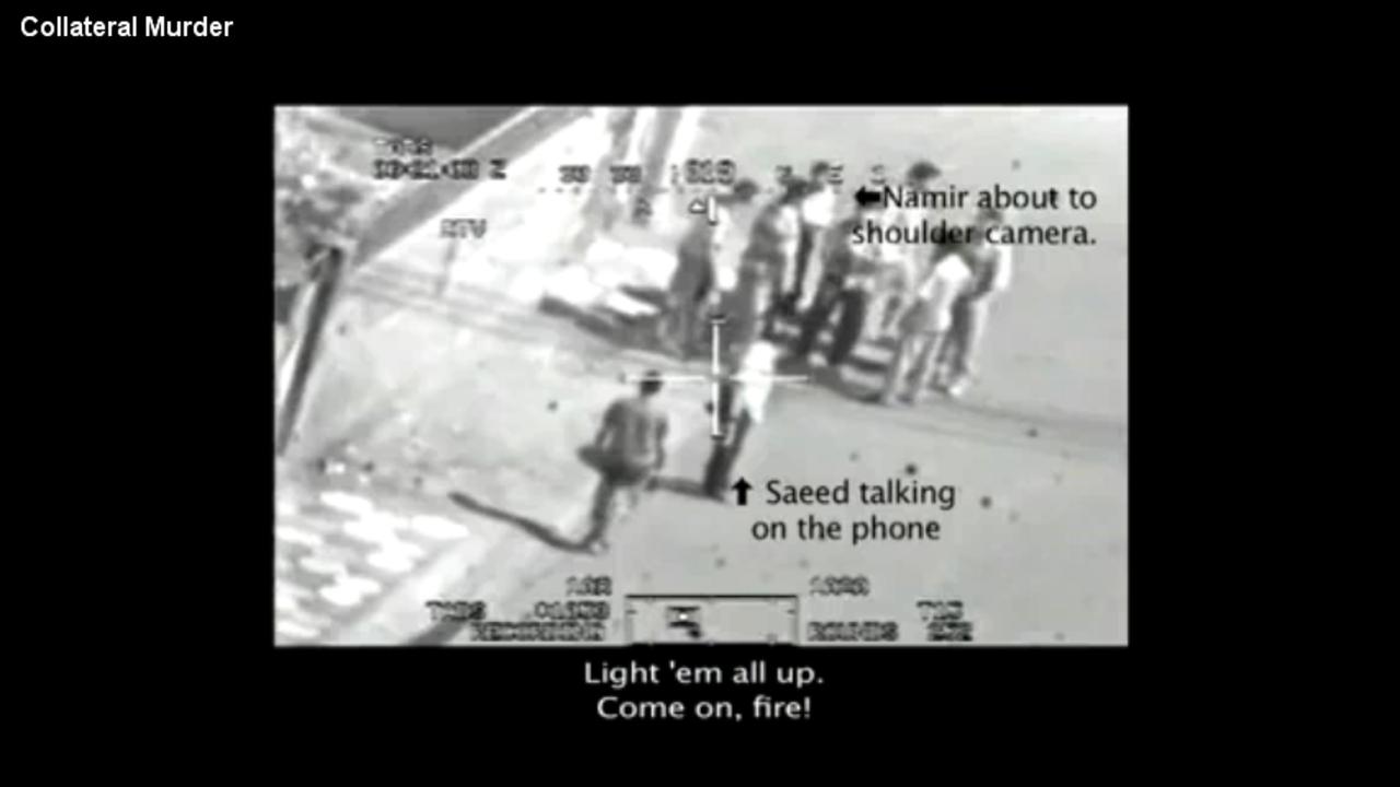 This frame grab image taken from a video shot from a US Army Apache helicopter was posted at Wikileaks.org. It shows a group of men in the streets of Baghdad just prior to being fired upon by the helicopter in 2007. Picture: Wikileaks.org.