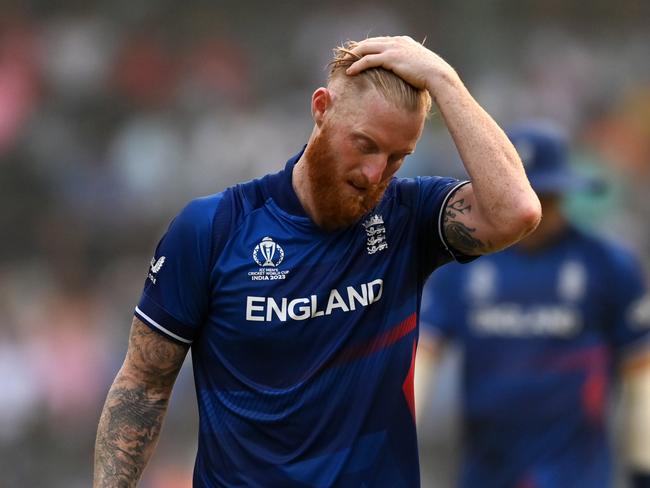 MUMBAI, INDIA - OCTOBER 21: Ben Stokes of England reacts during the ICC Men's Cricket World Cup India 2023 match between England and South Africa at Wankhede Stadium on October 21, 2023 in Mumbai, India. (Photo by Gareth Copley/Getty Images)