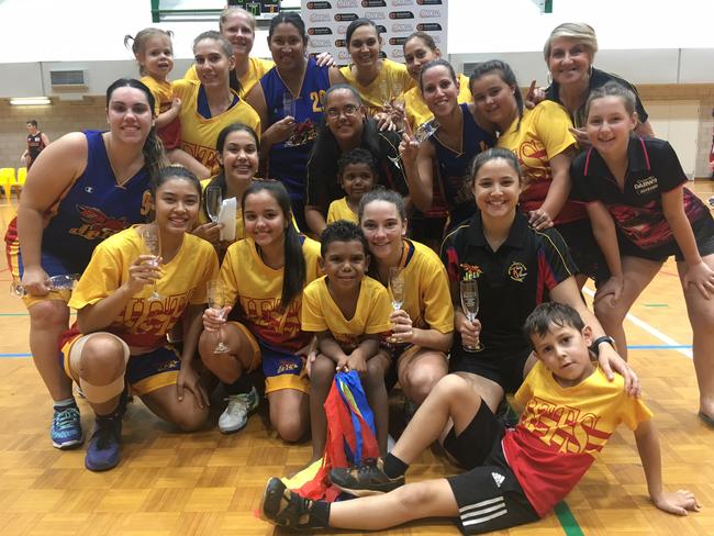 Tracy Village Jets were all smiles after their 73-66 win over Uni Rebels in the 2017 Women’s League Challenge Grand Final. Picture: JOSH SPASARO