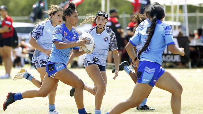 Action from Under 16 Girls NSW Indigenous v Samoa Blue. Harmony Nines Rugby League. Picture: John Appleyard