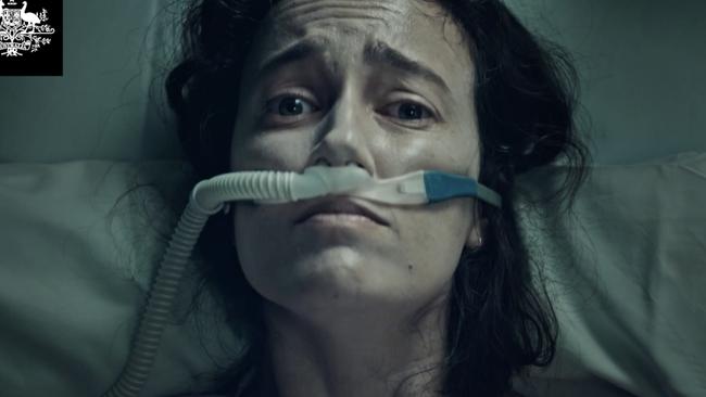 The government’s confronting Covid advertisement that unfairly depicts a woman aged under-40 struggling to breathe. Picture: Supplied.