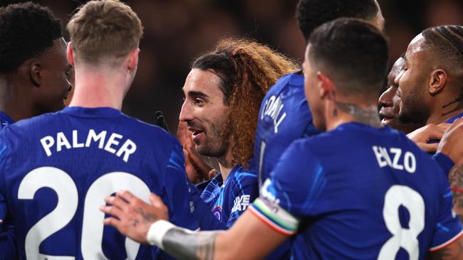 LONDON, ENGLAND - FEBRUARY 25: Marc Cucurella of Chelsea celebrates scoring his team's fourth goal with teammates during the Premier League match between Chelsea FC and Southampton FC at Stamford Bridge on February 25, 2025 in London, England. (Photo by Julian Finney/Getty Images)