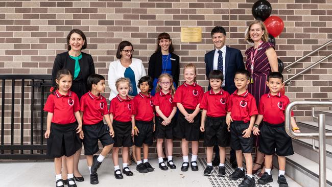 Premier Gladys Berejiklian, Education Minister Sarah Mitchell, Kindy teacher Amanda Carter, Ryde MP Victor Dominello and a fresh batch of students Picture: Monique Harmer