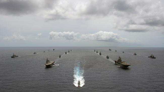 Australian warships among a multinational formation off the coast of Hawaii in August. Picture: US Navy