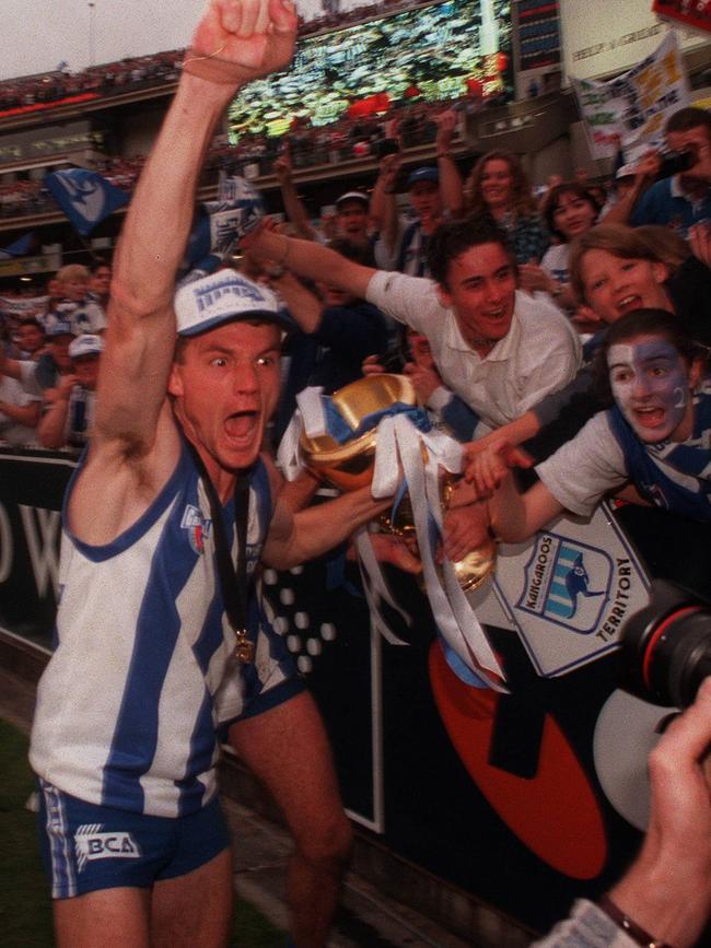 Laidley celebrates after the 1996 AFL Grand Final.