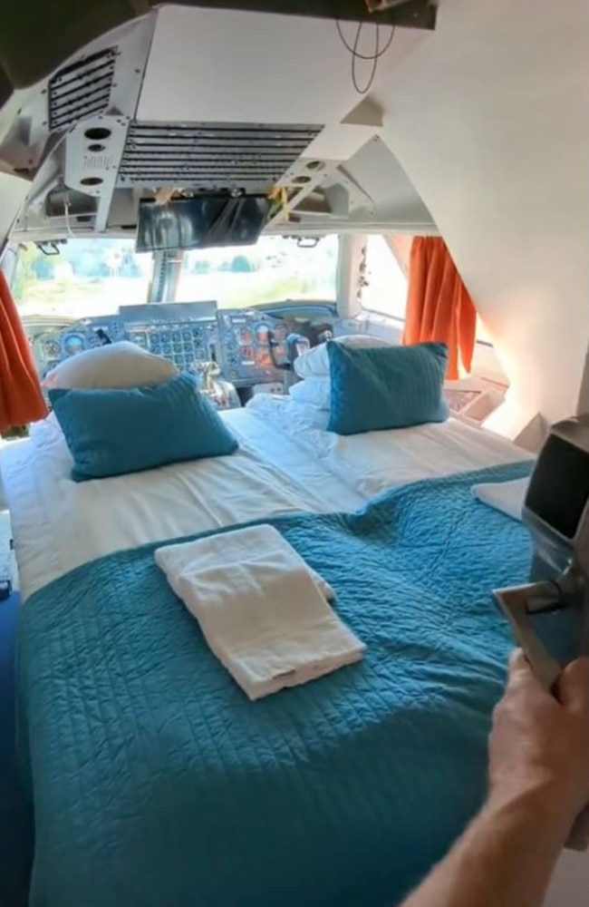 The Boeing 747 was transformed into the Jumbo Stay Hotel in 2006 allowing aviation enthusiasts to live out their dream and sleep in the cockpit. Picture: TikTok/thepointsguy