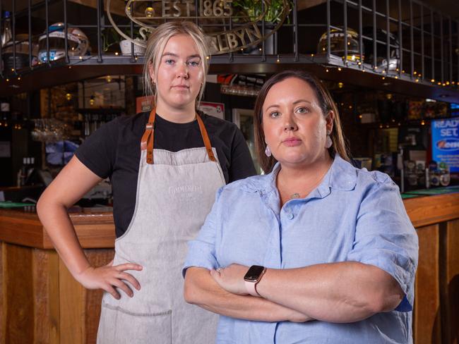 Strathalbyn Commercial Hotel owner Stacey Phelan, right, with employee Alice Welk. Picture: Ben Clark