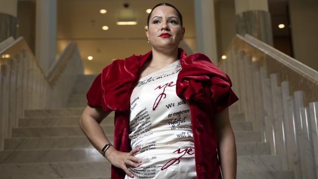 Senator Jana Stewart has made a bold statement about the Voice to parliament with her dress. Picture: NCA NewsWire / Martin Ollman