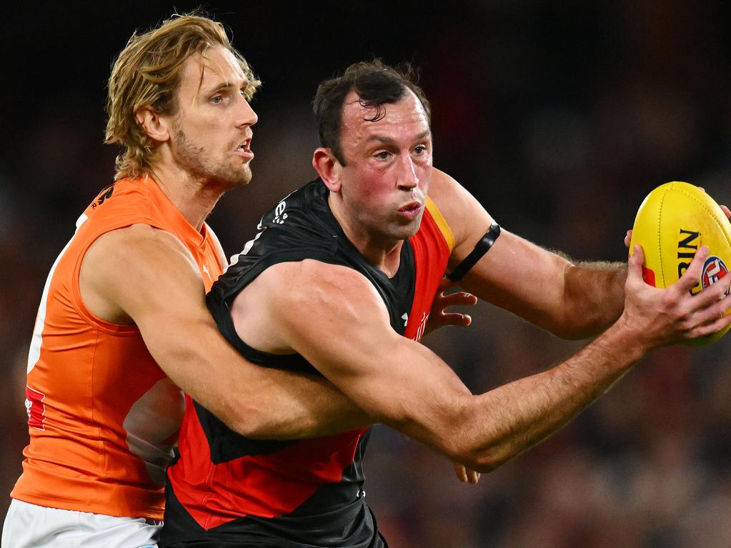 MELBOURNE, AUSTRALIA - MAY 11: Todd Goldstein of the Bombers marks the ball during the round nine AFL match between Essendon Bombers and Greater Western Sydney Giants at Marvel Stadium, on May 11, 2024, in Melbourne, Australia. (Photo by Morgan Hancock/AFL Photos/via Getty Images)
