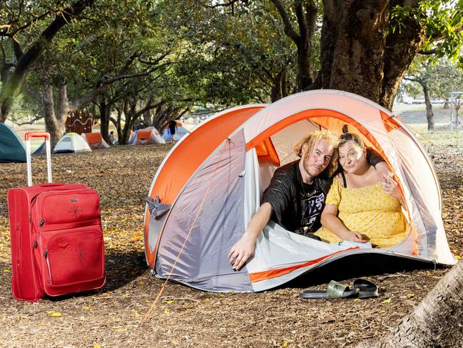 T.L. and Leander are living in a tent in Musgrave Park, South Brisbane. Picture: Richard Walker