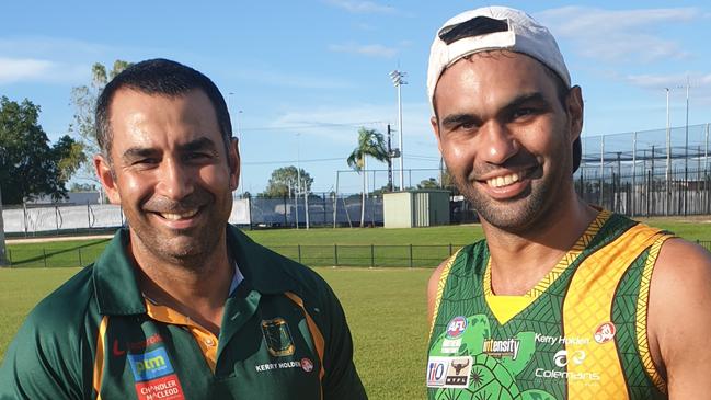 St Mary's coach Anthony Vallejo and joint skipper Raphael Clarke were all smiles at the club's last training session before tonight's 2019-20 decider against Nightcliff. Picture: Grey Morris