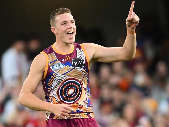 Logan Morris celebrates after kicking a goal for the Lions in their 11-point loss to Melbourne. Picture: Matt Roberts/Getty Images