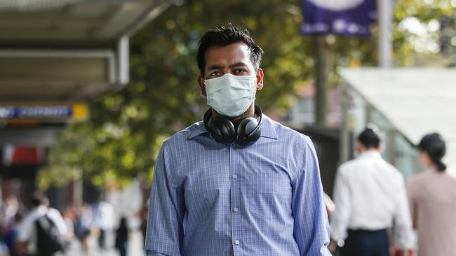 Abdulah Nafi, from Waitara. Commuters near Central Station, Sydney, wearing face masks to protect from Coronavirus outbreak. Picture: Dylan Robinson